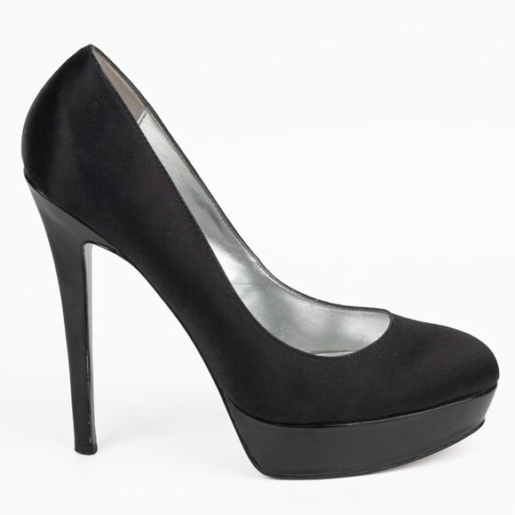 Bebe Black Satin & Patent faux Leather Stiletto Heel Pumps sz 7.5 M - Picture 7 of 13